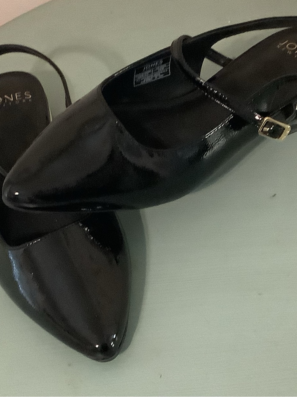 Jones New York Black Patent Pointed Toe Slingback Flats with Gold Buckle